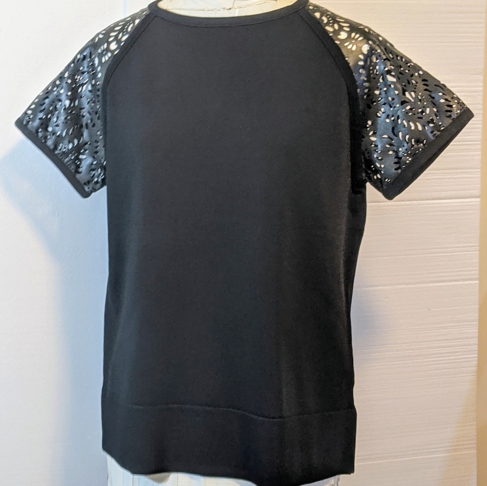 Timeless Naeem Kahn cut out faux leather sweater